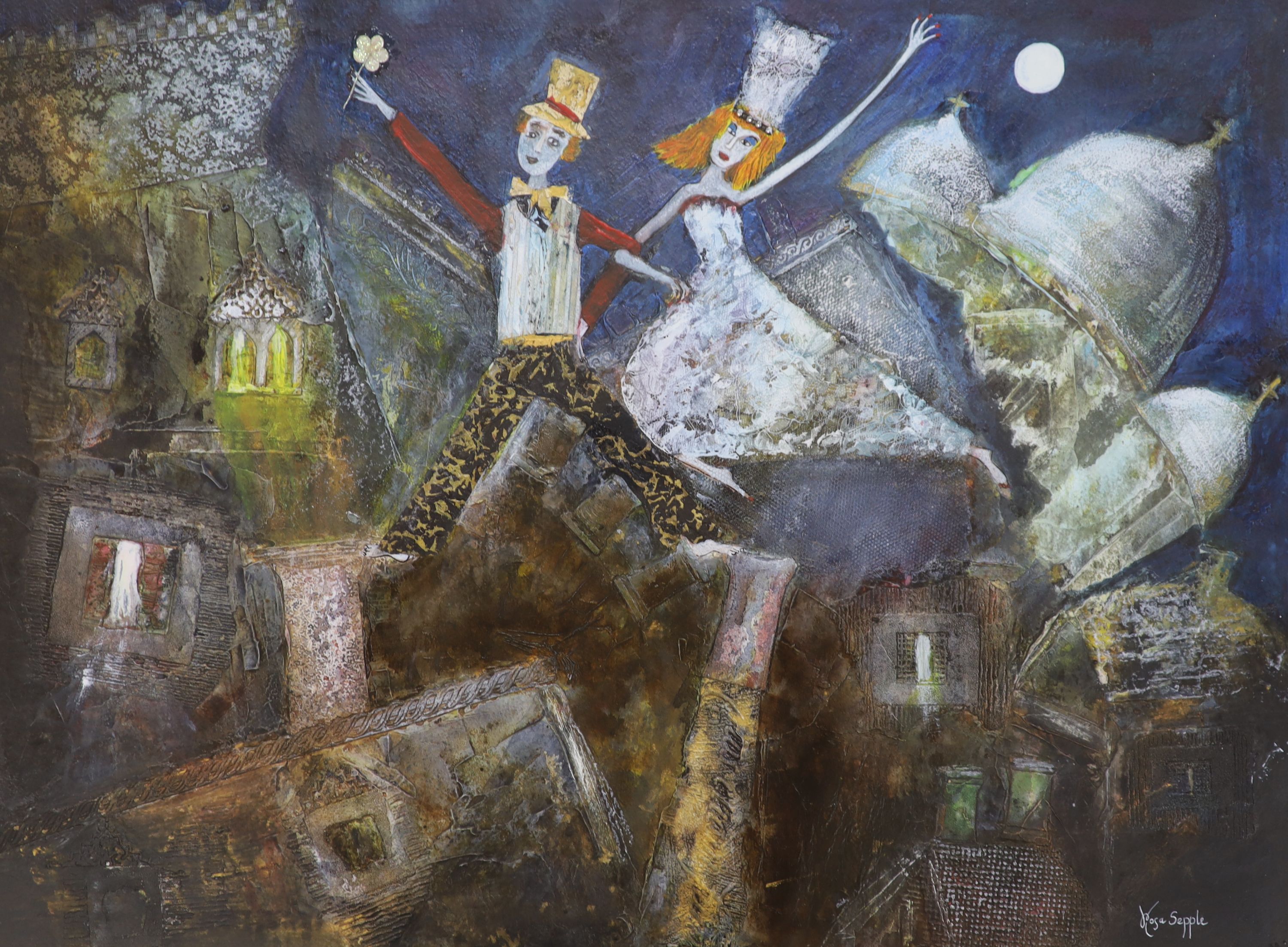 Rosa Sepple RI, mixed media, 'Romantic Nights', signed, 55 x 74cm